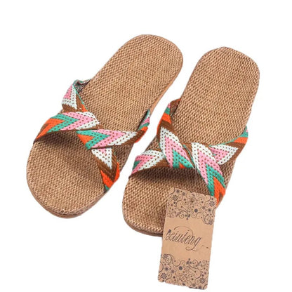 Flax Home Slippers Indoor Floor Shoes Cross Belt Silent Sweat Slippers For Summer Women Sandals