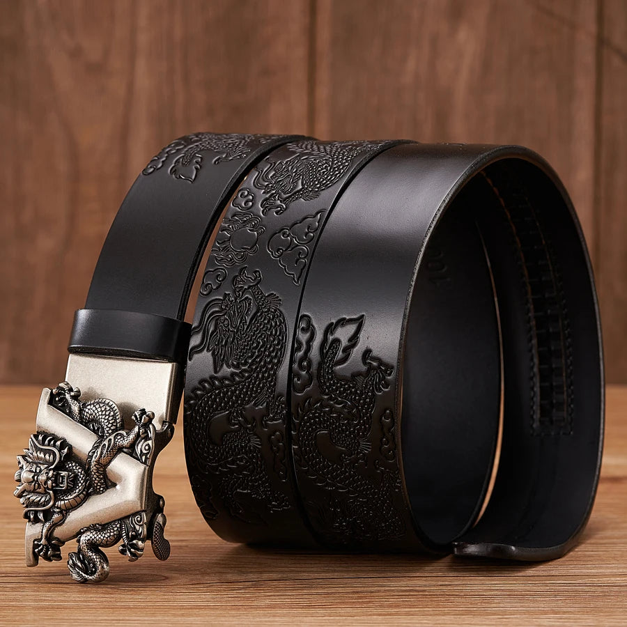 Nouveau mâle chine Dragon ceinture peau de vache en cuir véritable ceinture pour hommes sculpture Dragon motif boucle automatique ceinture sangle pour jean