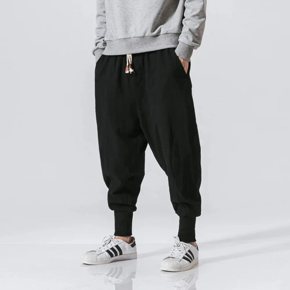 Cotton Linen Harem Pants Men Solid Elastic Waist Streetwear Joggers  New Baggy Drop-crotch Pants Casual Trousers Men