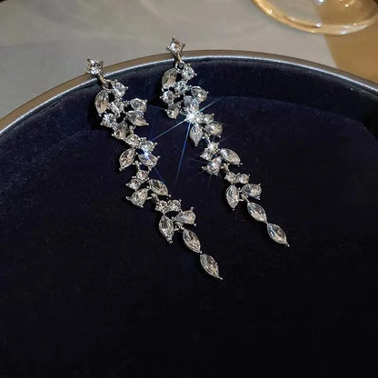 Two Tone Leaf Women's Carbon Zircon Long Earrings