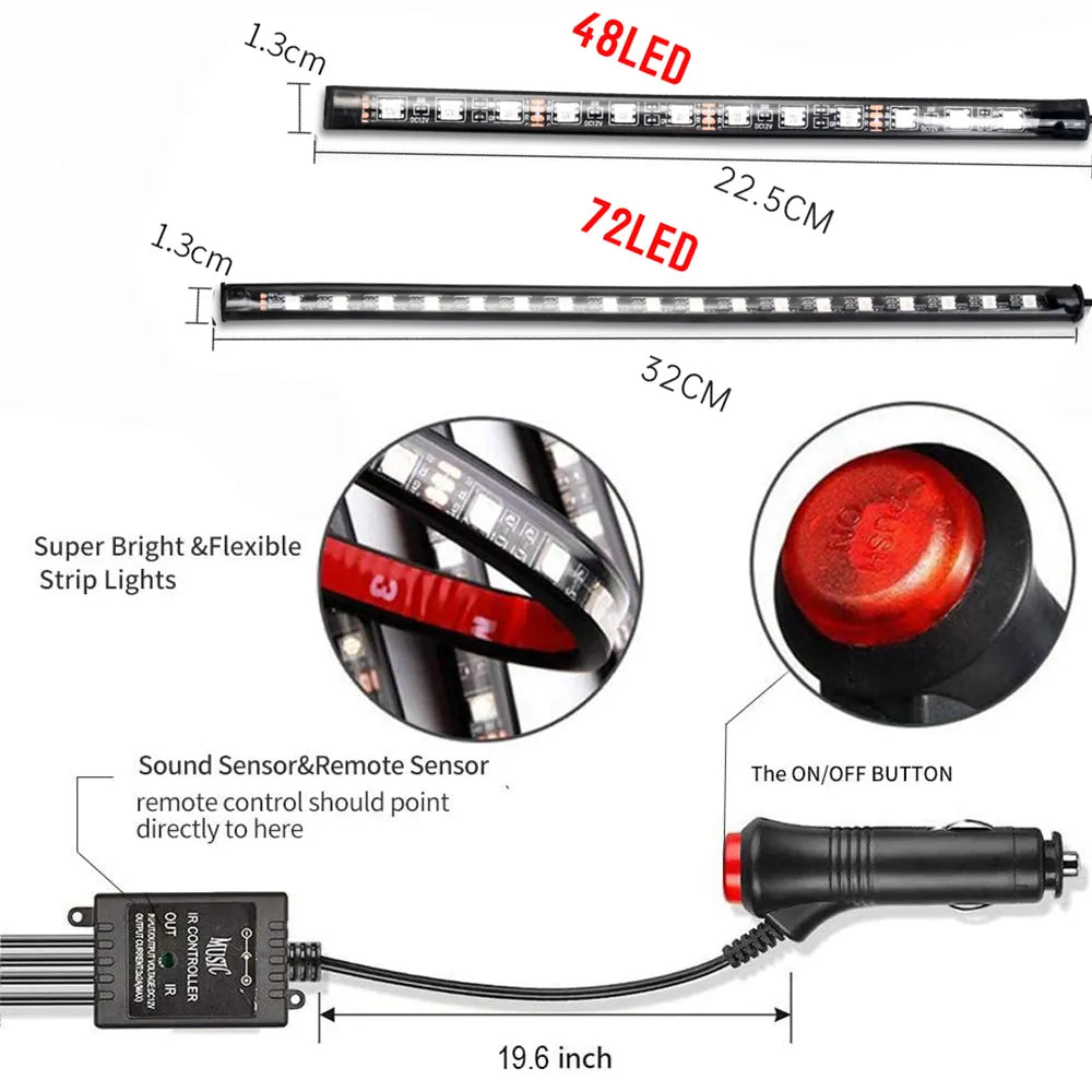 Neon 48 72 LED bilinteriör Ambient fotljus med USB trådlös fjärrkontroll Musikappkontroll Auto RGB Atmosphere Dekorativa lampor