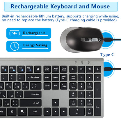 Uppladdningsbart trådlöst tangentbord och mus, rysk version, 2.4G Slim Silent Computer Mouse Keyboard Kit, för bärbar PC Mac TV