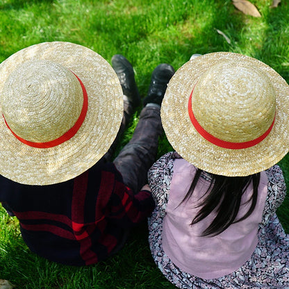 Casquette une pièce pour garçon et fille, chapeau de paille, ficelle de cou, chapeaux plats Luffy, Cosplay, accessoires de dessin animé japonais, chapeau de plage à rayures rouges pour enfant