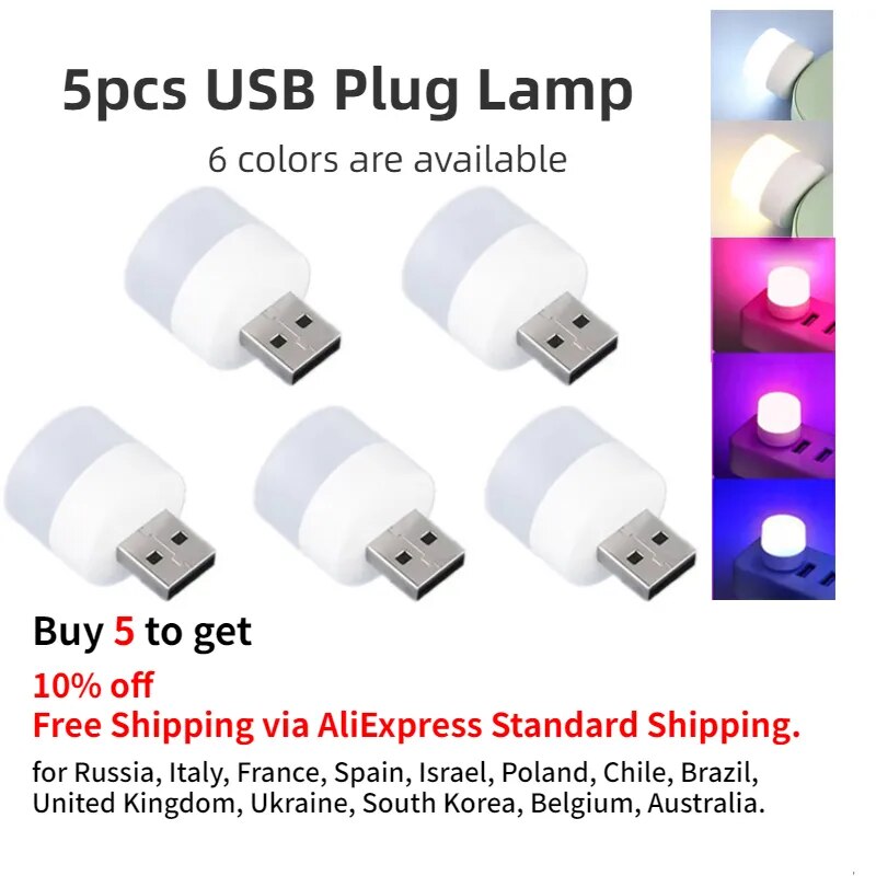 5st Mini-USB-kontaktlampa 5V Super Bright Ögonskydd Bokljus Dator Mobil Strömladdning USB Liten rund LED-nattlampa