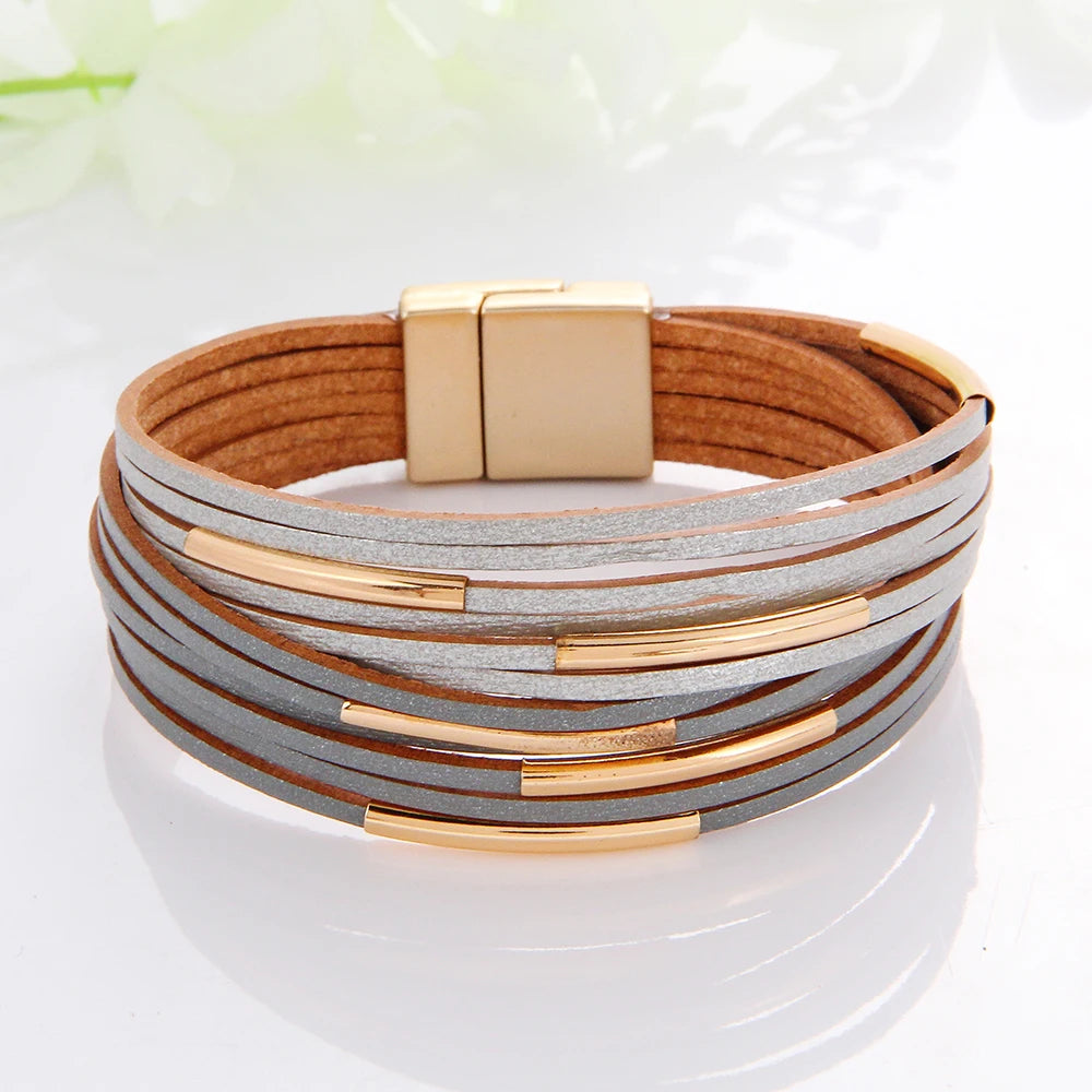 Multilayer Leather Women's Bracelet Metal Copper Tube Leather Wound Magnet Buckle Bracelet Exquisite Color Matching Jewelry