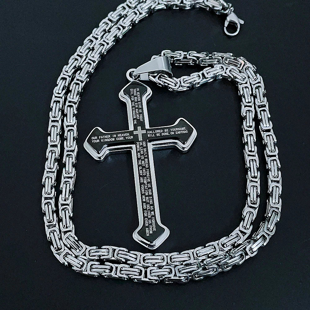 Vintage Christian Bible Text Stainless Steel Cross Pendant Necklace Punk Fashion Biker Amulet Men's Chain Necklace Jewelry Gift