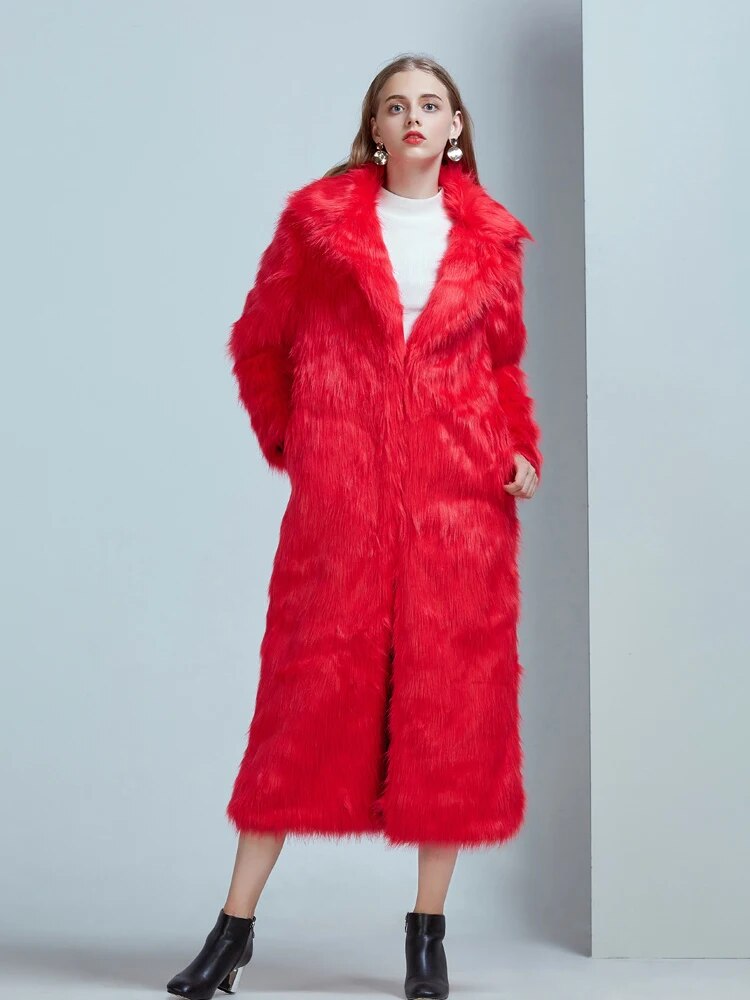 High Street Luxury Long Faux Fur Coat Women Vintage Slim Red Pink Faux fur Coats Fluffy Jacket Women Pele