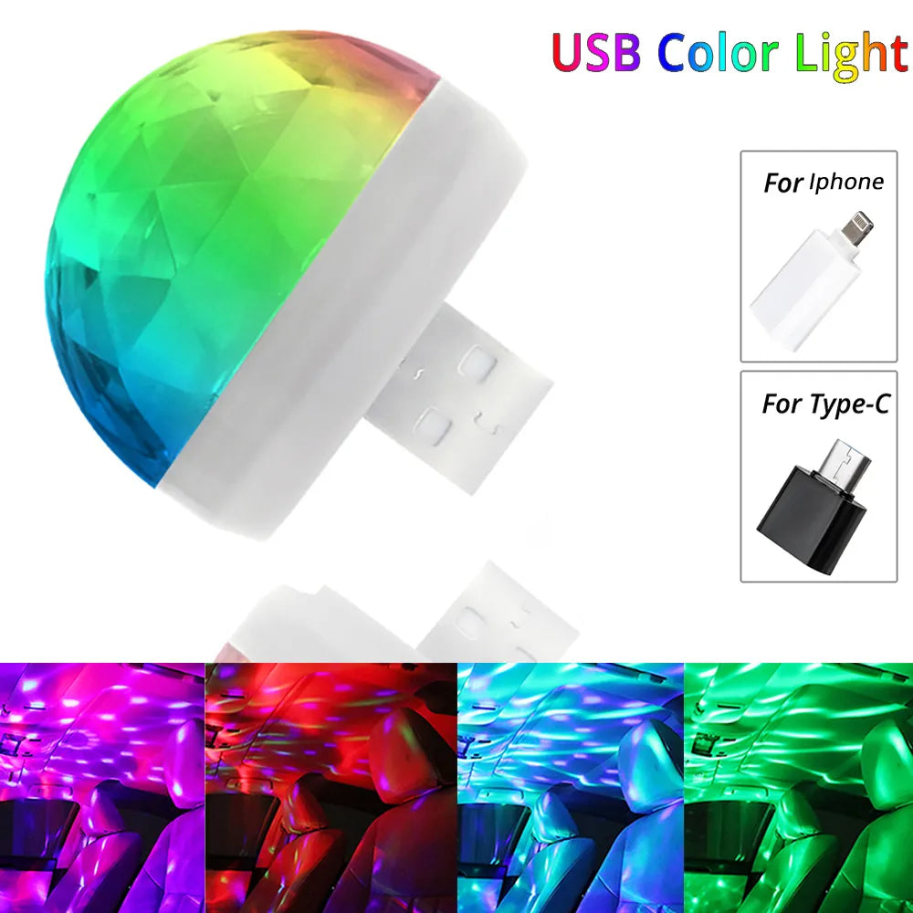 Bil Auto USB DJ RGB Mini Färgglad Musik Ljud LED USB-C Apple Holiday Party Karaoke Atmosphere Lamp Welcome 5V Ball Laser Light