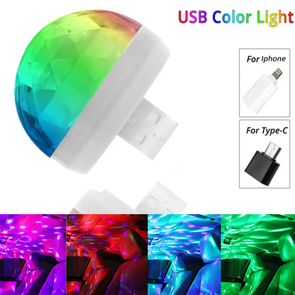 Car Auto USB DJ RGB Mini Colorful Music Sound LED USB-C Apple Holiday Party Karaoke Atmosphere Lamp Welcome 5V Ball Laser Light