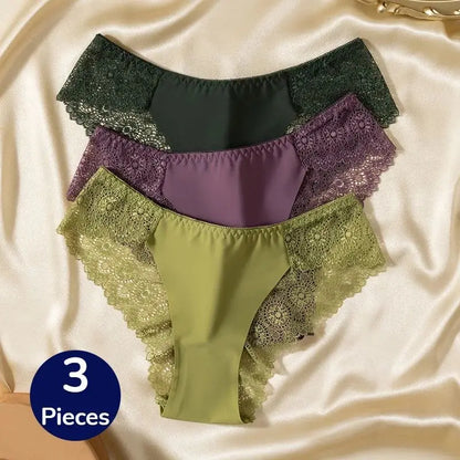 TrowBridge 3PCS/Set Sweet Women's Panties Silk Satin Underwear Lace Sexy Lingerie Girls Breathable Briefs Soft Comfortable Panty