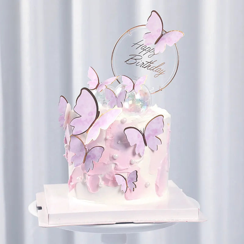 Purple Pink Butterfly Cake Decoration Happy Birthday Cake Topper Handmade Painted For Wedding Birthday Party Baby Shower