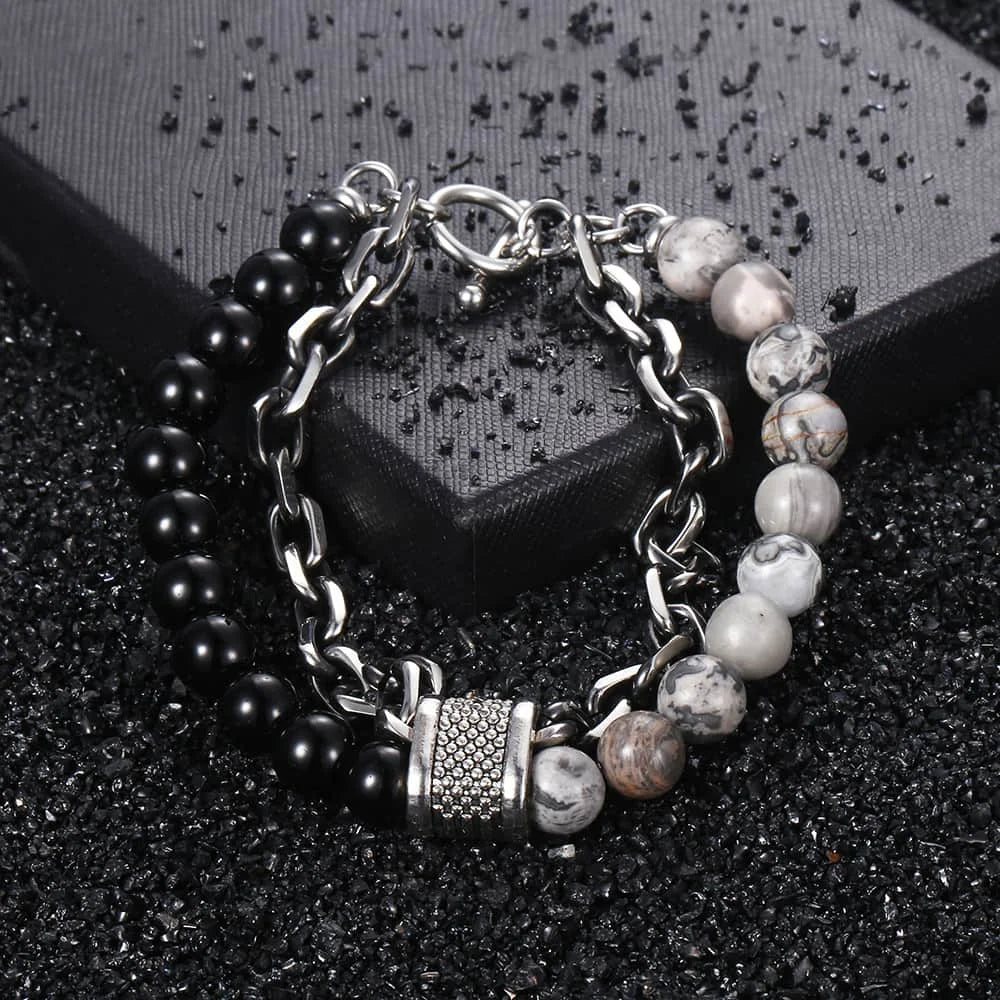 Men's Tiger Eye Stone Beaded Bracelet Stainless Steel Gunmetal Link Chain Yoga Bracelet Male Jewelry