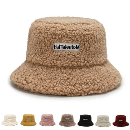 Lambswool Unisex Bucket Hats For Women Men Winter Outdoor Sun Visor Panama Fisherman Cap Letter Embroidered