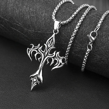 Classic Steel Warrior Men's Cross Amulet Necklace Fashion Flame Christian Simple Trend Men's Women's Pendant Lucky Gift