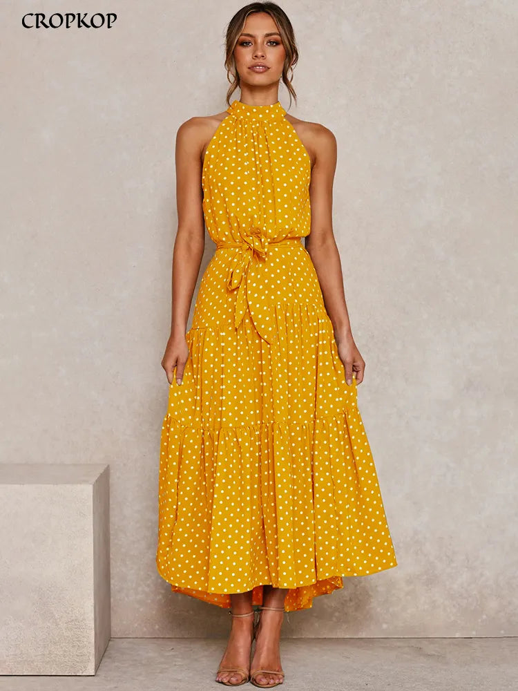 Summer Long Dress Polka Dot Casual Dresses Black Sexy Halter Strapless New Yellow Sundress Vacation Clothes For Women