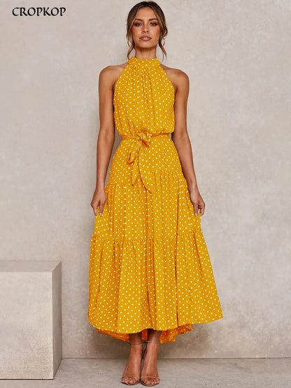 Summer Long Dress Polka Dot Casual Dresses Black Sexy Halter Strapless New Yellow Sundress Vacation Clothes For Women