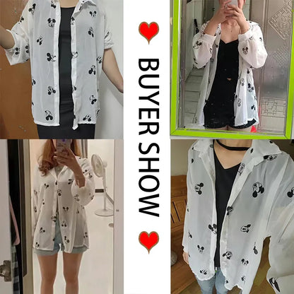 Musse Pigg Blus Dam Långärmad Skjorta Dam Strandskjortor Kawaii Tecknad Sommar Disney Kläder Cover-Up Topp Casual