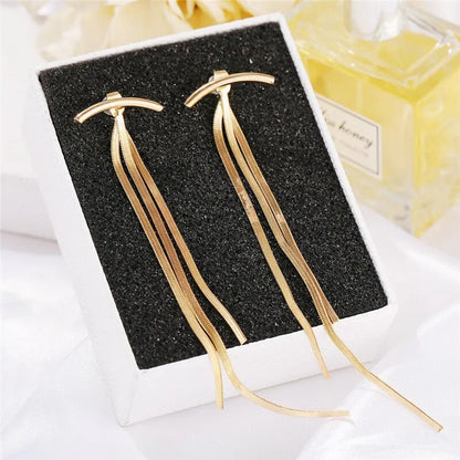 Vintage Glossy Arc Bar Long Thread Tassel Drop Earrings for Women Geometric Fashion Jewelry Hanging Pendientes