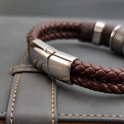 Luxury Vintage Multilayer Brown Genuine Leather Men Bracelet Stone Bead Bracelet Stainless Steel Jewelry Male Wrist Bangle Gift