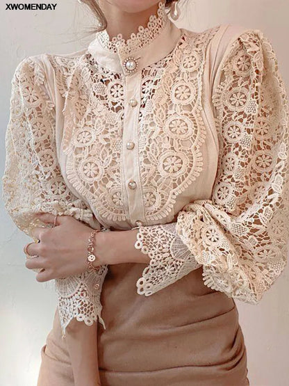 Women Chiffon Button Turtleneck Shirt Chic Elegant Floral Lace Fluffy Long Sleeve Top Fashion Hollow Oversize White Blouse