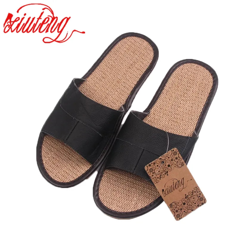 Famous Brand Casual Men Sandals Summer Leather Linen Slippers Summer Shoes  Flip Flops