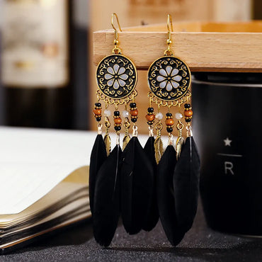 Boho Long Feather Dangle Women's Earrings Beach Long Tassel Beads Handmade Flower Enamel Earrings Bride Wedding Pendientes Mujer