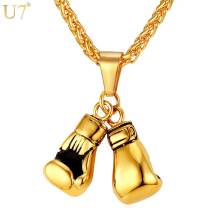 Boxing Necklace for Man 24" Wheat Link Chain Gloves Stainless Steel Sport GYM Fitness Fighting Pendant