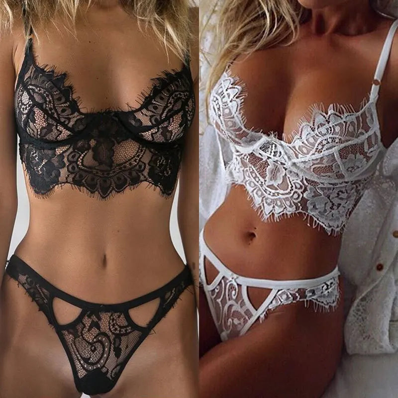 Women's Sexy Lace Underwear Set Erotic Ladies Lingerie See-through Bra Thong Mini Babydoll Briefs Underpants Black Bodysuit