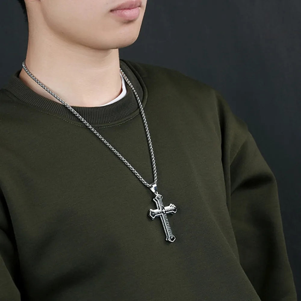 Vintage Christian Bible Text Stainless Steel Cross Pendant Necklace Punk Fashion Biker Amulet Men's Chain Necklace Jewelry Gift