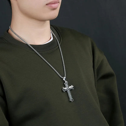 Vintage Christian Bible Text Stainless Steel Cross Pendant Necklace Punk Fashion Biker Amulet Men's Chain Necklace Jewelry Gift