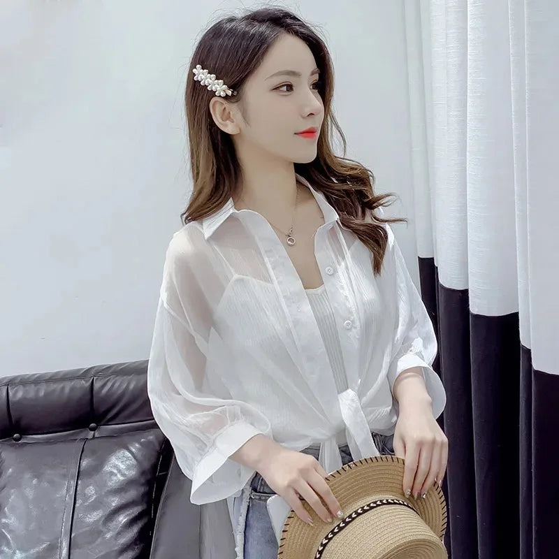 Casual Loose Hollow White Clothes Elegant Solid Color Tied Waist Blouse Women Summer Bat Half Sleeve Button Chiffon Shirt