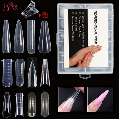 NEW Stiletto Coffin Clear Dual Forms False Tips Quick Building Gel Mold Nail System Full Cover Nail Extension Forms Top