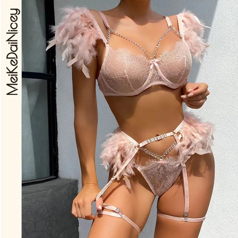 Feather Sensual Lingerie Sexy Transparent Lace Bra with Chain Exotic Sets Porn 3 Piece Set Garters Erotic Costumes