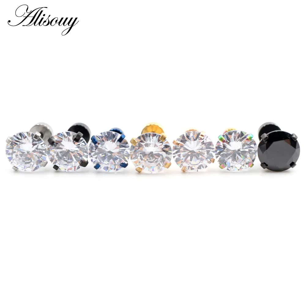 Alisouy 2pcs Stainless steel Unisex Women Men Round Crystal Zircon Ear Studs Earrings  4 Prong Tragus Cartilage Piercing Jewelry