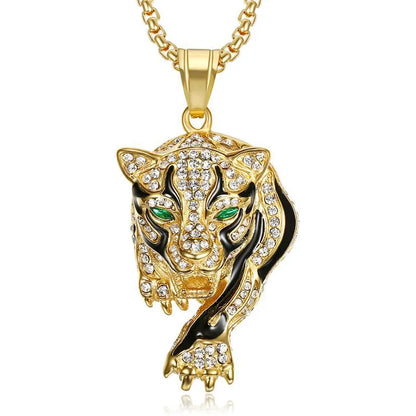 New Trendy Animal Tiger Shape Pendant Necklace Men's Necklace Fashion Bohemian Crystal Inlaid Pendant Accessories Party Jewelry