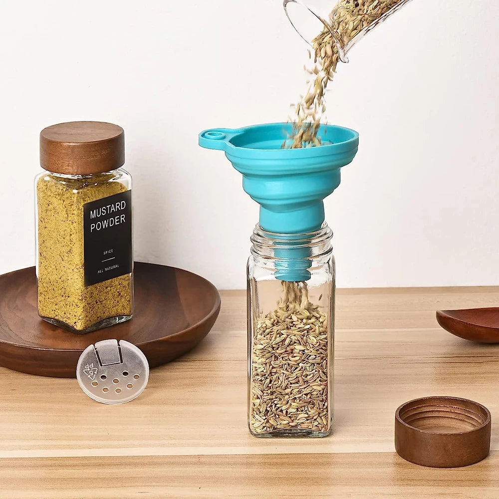 12pcs Wood Cover Glass Spice Jars Square Transparent Seasoning Storage Bottles Kitchen Salt Spices Ground Pepper Sealing Tools