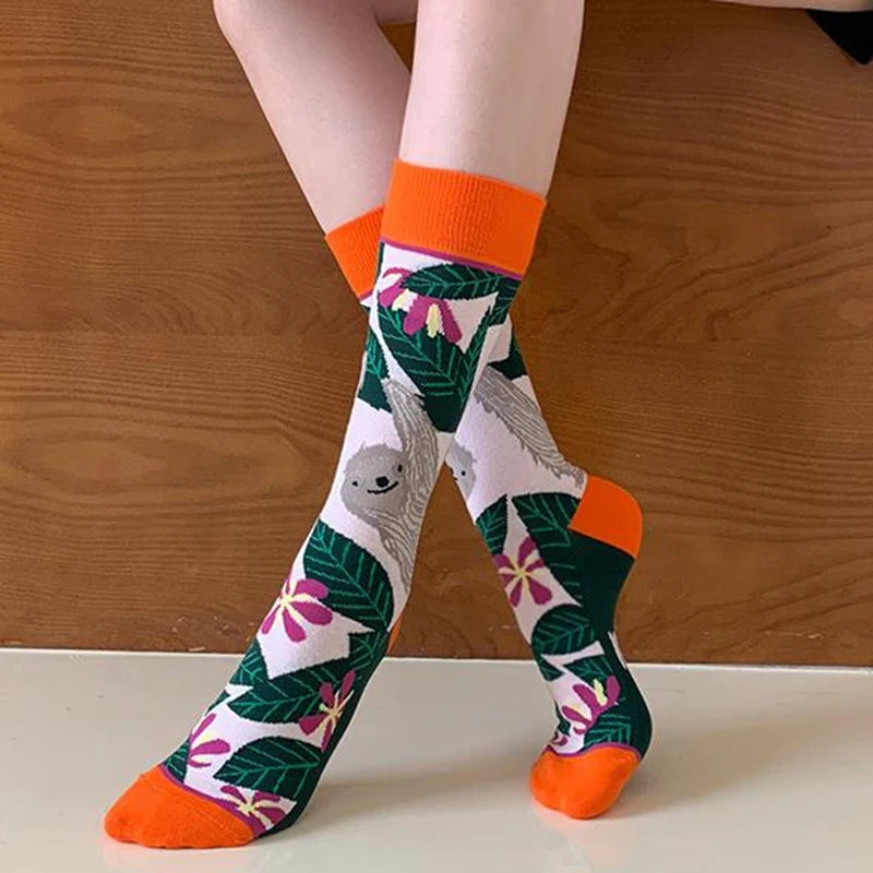 Mode coloré automne hiver bas femmes chaussettes plante hérisson Slothsi coton chaussettes personnalité droite chaussettes à la mode