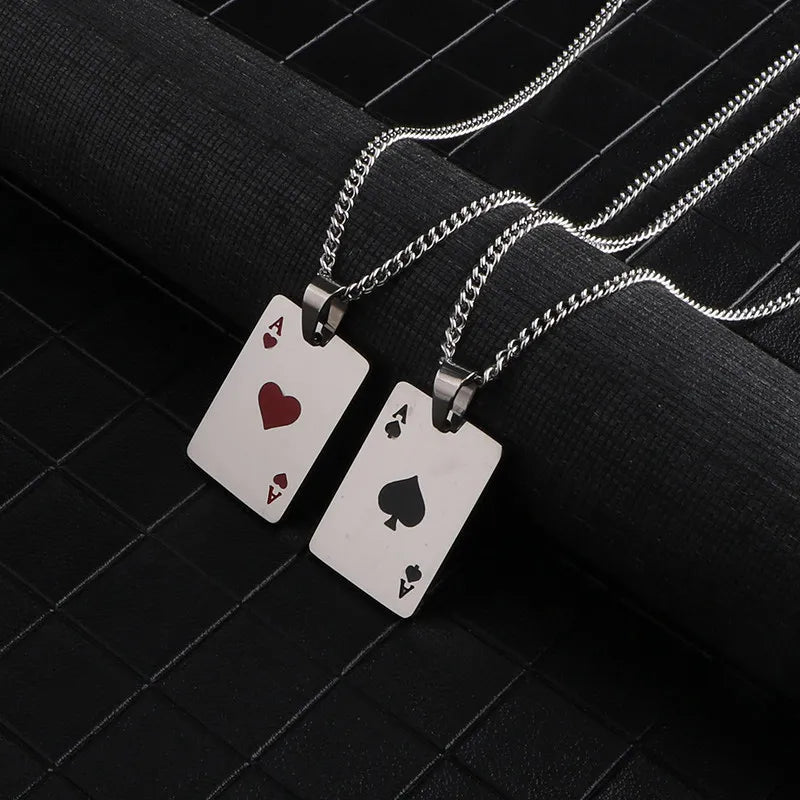 Men Statement Poker Lucky Ace of Spades Pendant Necklace Red Black Silver Color Stainless Steel Long Chain Necklaces Jewelry