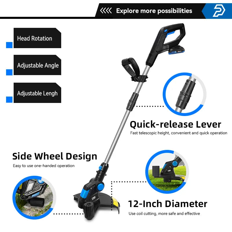 20V Electric Lawn Mower Li-ion Battery Cordless Grass Trimmer 12in Auto Release String Cutter Pruning Garden Tools