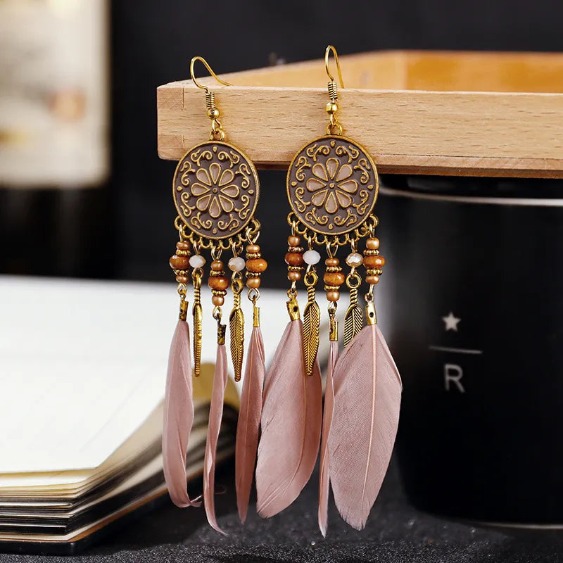 Boho Long Feather Dangle Women's Earrings Beach Long Tassel Beads Handmade Flower Enamel Earrings Bride Wedding Pendientes Mujer