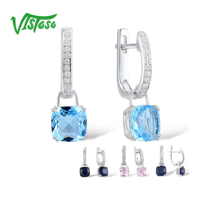 Boucles d'oreilles en argent sterling 925, pierres roses bleues, zircone cubique blanche, boucles d'oreilles pendantes