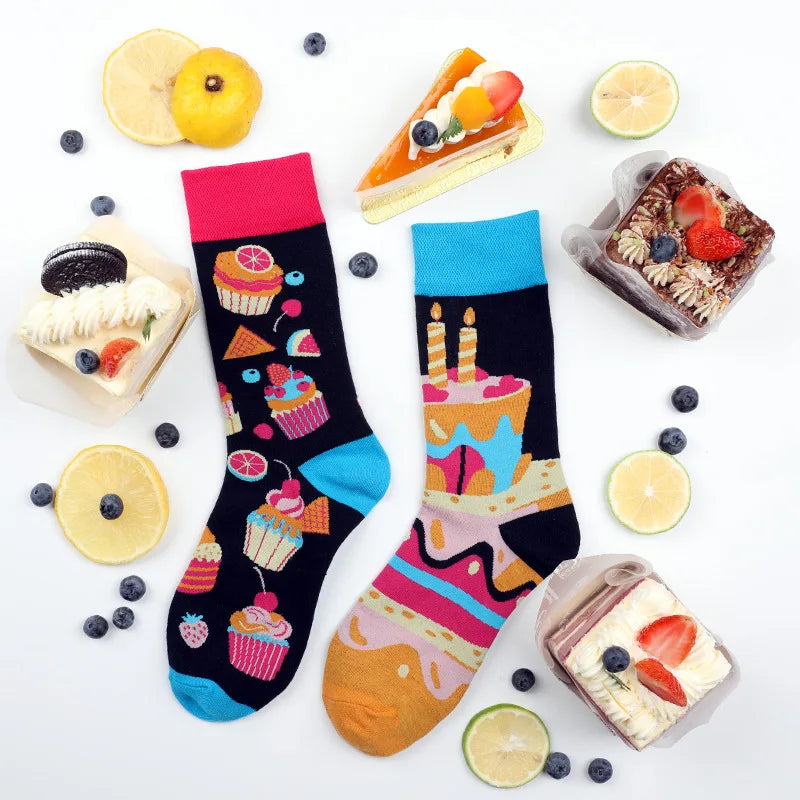 1Pair Man Women Socks Original AB Tide Socks Medium High Tube Colorful Socks Flowers Fruits Candy Cake Cotton Socks Unisex Socks