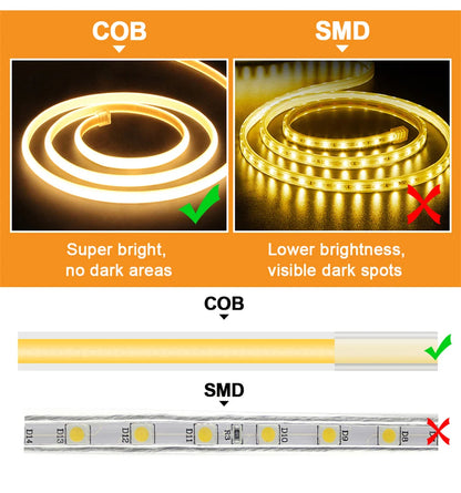 220v Led Ribbon Adhesive High Brightness COB Led Strip for Room Waterproof Led Strip Flexible Ribbon for Outdoor Garden Lighting