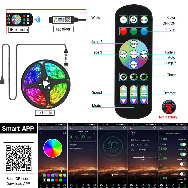 Bande lumineuse Led USB 1-30M, RGB 5050, contrôle par application Bluetooth, Luces, Diode Flexible, décoration pour ruban de lampe de salon