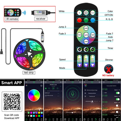 USB 1-30M Led Strip Lights RGB 5050 Bluetooth APP Control Luces Led Flexible Diode Decoration For Living Room Lamp Ribbon