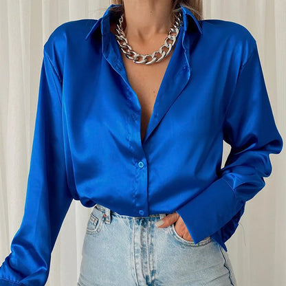 Autumn Shirt Women's Polo Collar Office Lady blouse Vintage Blue Green Shirt Loose Button Up Down Shirts Black Fashion Tops