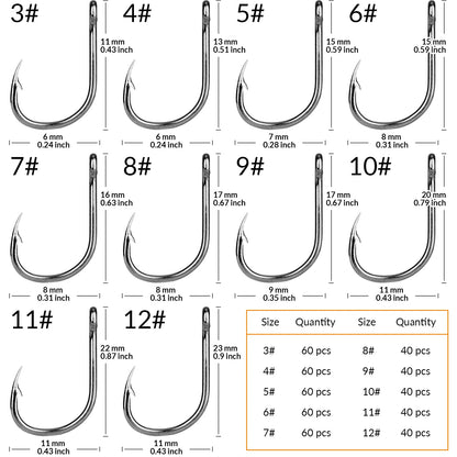 500 pièces #3-#12 hameçons de pêche en eau douce carpe hameçons barbelés Kit gabarits appât carpe crochet de pêche argent noir or