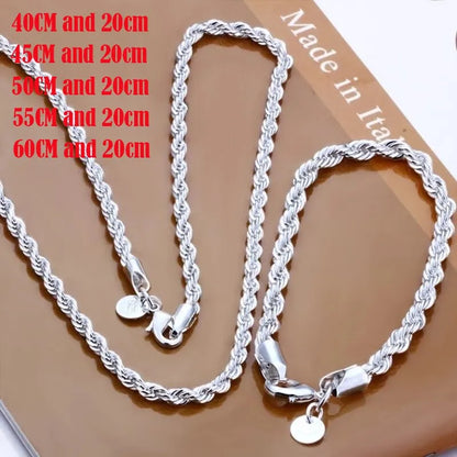 Silver Color 4mm Chain  Twisted Rope Necklace Bracelets  Jewelry Set