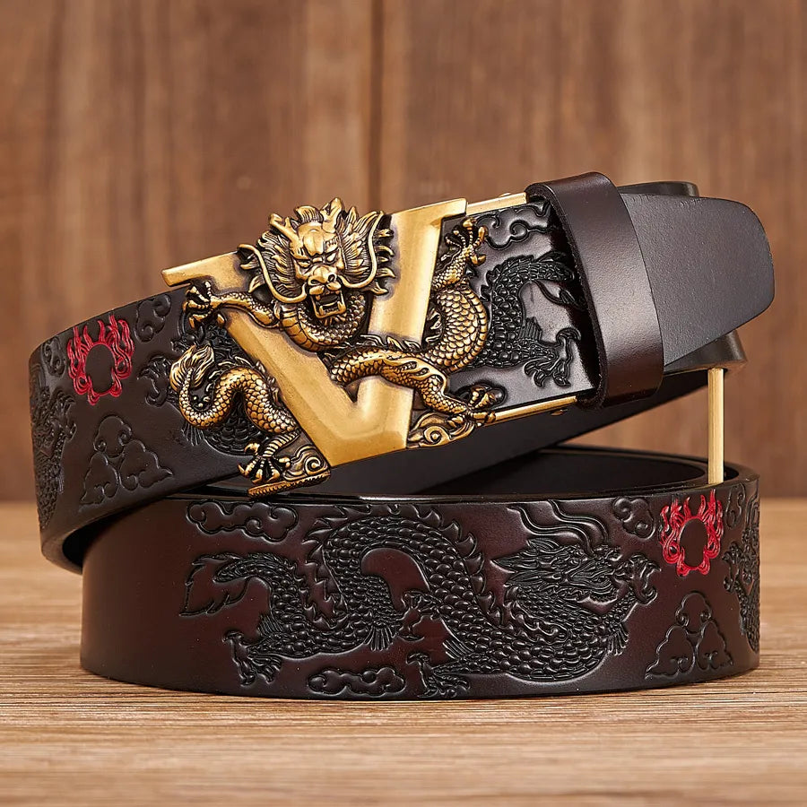 Nouveau mâle chine Dragon ceinture peau de vache en cuir véritable ceinture pour hommes sculpture Dragon motif boucle automatique ceinture sangle pour jean