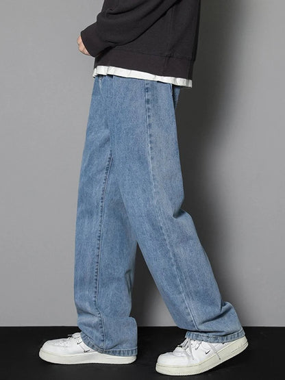 Men's Casual Long Jeans Classic Man Straight Denim Wide-leg Pants Solid Color Light Blue Grey Black 3XL